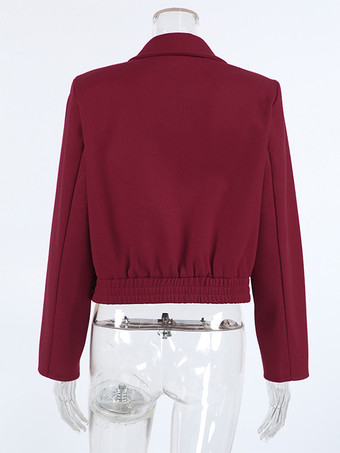 バーガンディレッドのレディースクロップドジャケット - シックなターンカラー、ジップアップ、伸縮性のある裾 - 2026年春のカジュアルストリートウェア