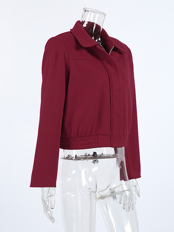 バーガンディレッドのレディースクロップドジャケット - シックなターンカラー、ジップアップ、伸縮性のある裾 - 2026年春のカジュアルストリートウェア