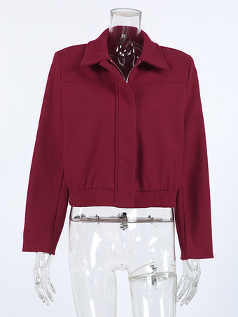 バーガンディレッドのレディースクロップドジャケット - シックなターンカラー、ジップアップ、伸縮性のある裾 - 2026年春のカジュアルストリートウェア
