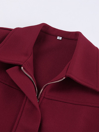 バーガンディレッドのレディースクロップドジャケット - シックなターンカラー、ジップアップ、伸縮性のある裾 - 2026年春のカジュアルストリートウェア