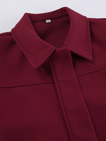 バーガンディレッドのレディースクロップドジャケット - シックなターンカラー、ジップアップ、伸縮性のある裾 - 2026年春のカジュアルストリートウェア