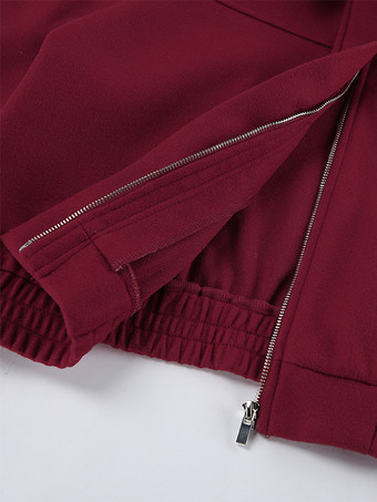 バーガンディレッドのレディースクロップドジャケット - シックなターンカラー、ジップアップ、伸縮性のある裾 - 2026年春のカジュアルストリートウェア