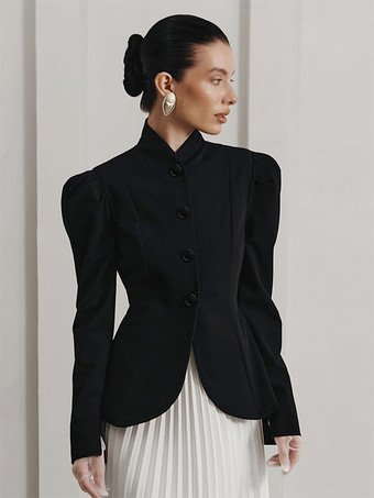 ヴィンテージ風ペプラムブレザー（レディース） - パフスリーブ、スタンドカラー、スリムフィットジャケット - シックな春のパーティアウター 2026