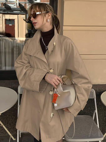 コットン混紡レディーストレンチジャケット - ミニマルなダブルブレスト、ワイドスリーブ、オーバーサイズフィット - 2026年春のカジュアルストリートウェア