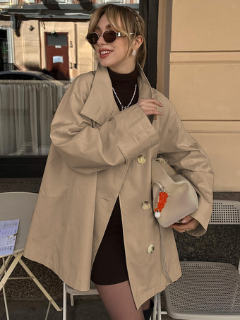 カーキ コットン混紡レディーストレンチジャケット - ミニマルなダブルブレスト、ワイドスリーブ、オーバーサイズフィット - 2026年春のカジュアルストリートウェア