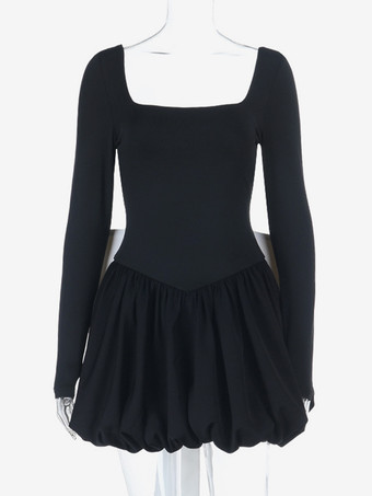 スクエアネックのレディースバブルミニドレス、大きなリボン付き - ブラック、長袖、エレガントなコントラスト - オードリースタイル、春のパーティウェア 2026