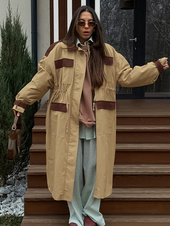 カーキ Barn カラーブロック レディース ロングトレンチコート - ユーティリティ ドローストリングウエスト ロングラインフィット - サファリスタイル 春のカジュアルアウター 2026