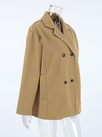 キャメルダブルブレストレディースピーコート - ミニマルなノッチドラペル、ボックスシルエット - 2026年春のさりげないラグジュアリーストリートウェア