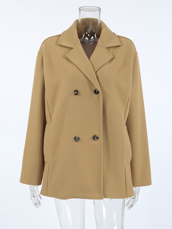 キャメルダブルブレストレディースピーコート - ミニマルなノッチドラペル、ボックスシルエット - 2026年春のさりげないラグジュアリーストリートウェア