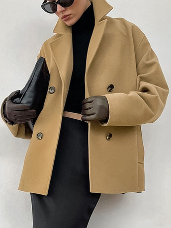 キャメルダブルブレストレディースピーコート - ミニマルなノッチドラペル、ボックスシルエット - 2026年春のさりげないラグジュアリーストリートウェア