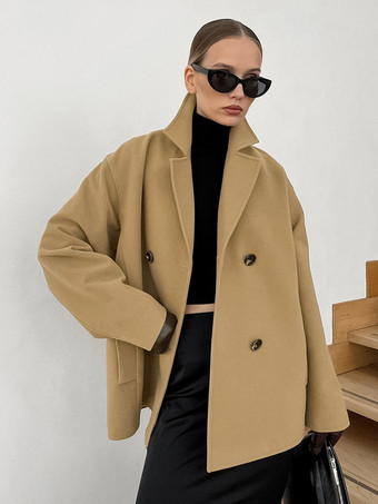 ブラウンキャメルダブルブレストレディースピーコート - ミニマルなノッチドラペル、ボックスシルエット - 2026年春のさりげないラグジュアリーストリートウェア