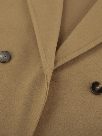 キャメルダブルブレストレディースピーコート - ミニマルなノッチドラペル、ボックスシルエット - 2026年春のさりげないラグジュアリーストリートウェア