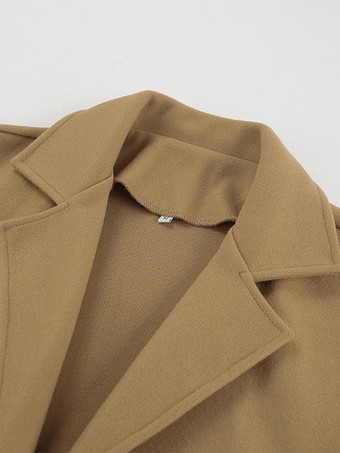 キャメルダブルブレストレディースピーコート - ミニマルなノッチドラペル、ボックスシルエット - 2026年春のさりげないラグジュアリーストリートウェア