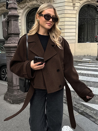 ダブルブレスト レディース ショートジャケット - シックなベルト付きクロップド丈 - 2026年春のカジュアルストリートウェア クワイエットラグジュアリー