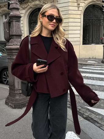 ダブルブレスト レディース ショートジャケット - シックなベルト付きクロップド丈 - 2026年春のカジュアルストリートウェア クワイエットラグジュアリー