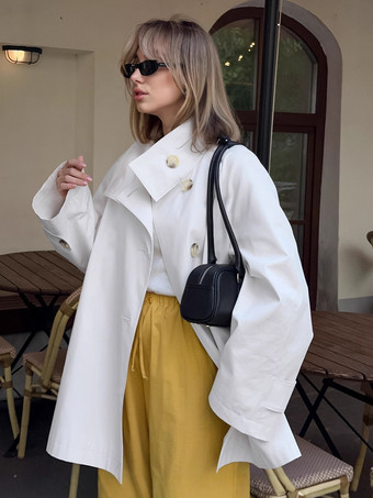 コットン混紡レディーストレンチジャケット - ミニマルなダブルブレスト、ワイドスリーブ、オーバーサイズフィット - 2026年春のカジュアルストリートウェア