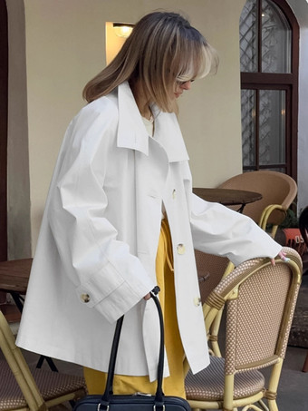 コットン混紡レディーストレンチジャケット - ミニマルなダブルブレスト、ワイドスリーブ、オーバーサイズフィット - 2026年春のカジュアルストリートウェア