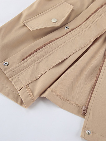 カーキ色のスタンドカラーのレディースウィンドブレーカージャケット - シックなドローストリングウエストのゆったりとしたフィット感 - 実用的なカーゴスタイル 2026年春のストリートウェア