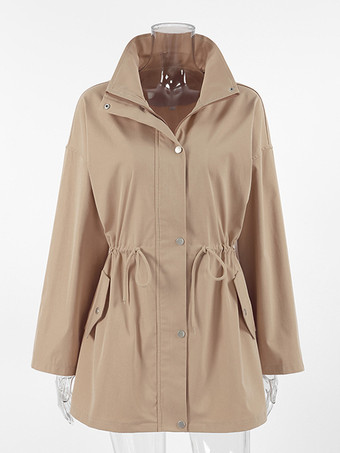 カーキ色のスタンドカラーのレディースウィンドブレーカージャケット - シックなドローストリングウエストのゆったりとしたフィット感 - 実用的なカーゴスタイル 2026年春のストリートウェア