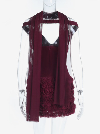 3Dローズペタルヘムバーガンディレディースミニドレス - スカーフ付きロマンティックボディコンドレス - コケットな美学サマーパーティー衣装2026