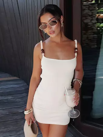 white cami bodycon dress Beaded Strap Women's Mini - Minimalist inspired mini dress with attribute:embellishments:PeterPanCollar Comment 