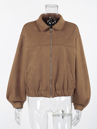 キャメルフェイクスエードレディースボンバージャケット - レトロジップアップ、伸縮性裾、リラックスフィット - 春のデイリーカジュアルストリートウェア 2026