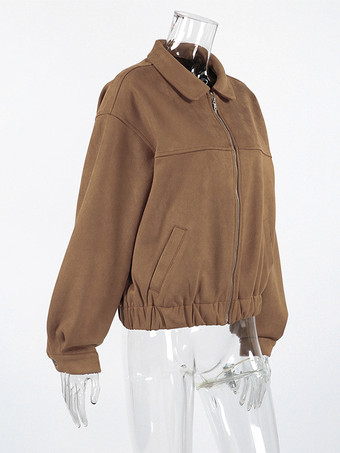 キャメルフェイクスエードレディースボンバージャケット - レトロジップアップ、伸縮性裾、リラックスフィット - 春のデイリーカジュアルストリートウェア 2026