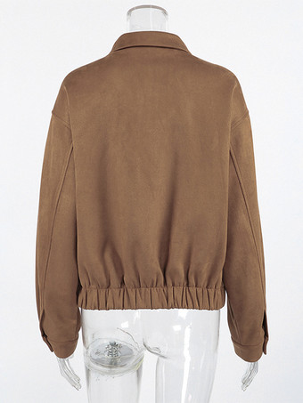キャメルフェイクスエードレディースボンバージャケット - レトロジップアップ、伸縮性裾、リラックスフィット - 春のデイリーカジュアルストリートウェア 2026