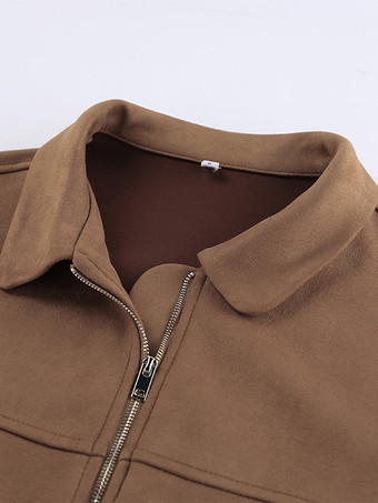 キャメルフェイクスエードレディースボンバージャケット - レトロジップアップ、伸縮性裾、リラックスフィット - 春のデイリーカジュアルストリートウェア 2026