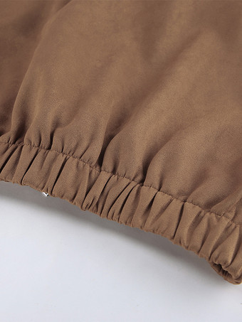 キャメルフェイクスエードレディースボンバージャケット - レトロジップアップ、伸縮性裾、リラックスフィット - 春のデイリーカジュアルストリートウェア 2026