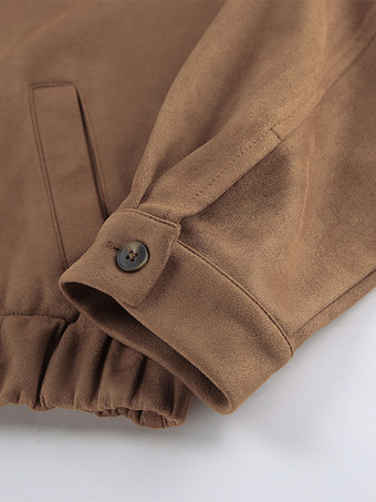 キャメルフェイクスエードレディースボンバージャケット - レトロジップアップ、伸縮性裾、リラックスフィット - 春のデイリーカジュアルストリートウェア 2026