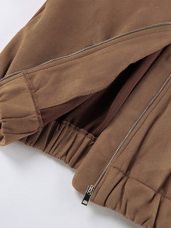 キャメルフェイクスエードレディースボンバージャケット - レトロジップアップ、伸縮性裾、リラックスフィット - 春のデイリーカジュアルストリートウェア 2026