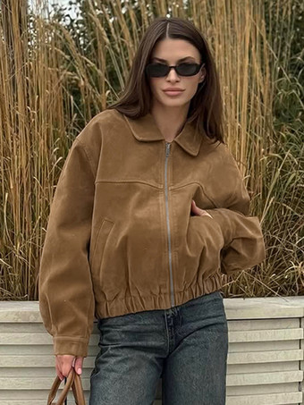 カーキ キャメルフェイクスエードレディースボンバージャケット - レトロジップアップ、伸縮性裾、リラックスフィット - 春のデイリーカジュアルストリートウェア 2026