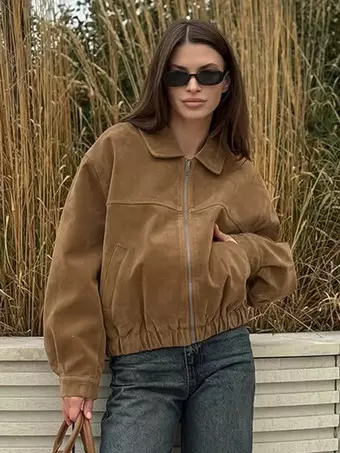 Camel Faux Suede Women's Bomber Jacket - Retro Zip Up Elastic Hem