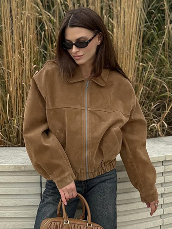 キャメルフェイクスエードレディースボンバージャケット - レトロジップアップ、伸縮性裾、リラックスフィット - 春のデイリーカジュアルストリートウェア 2026