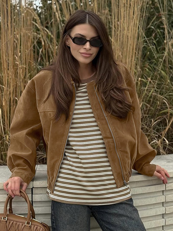 キャメルフェイクスエードレディースボンバージャケット - レトロジップアップ、伸縮性裾、リラックスフィット - 春のデイリーカジュアルストリートウェア 2026