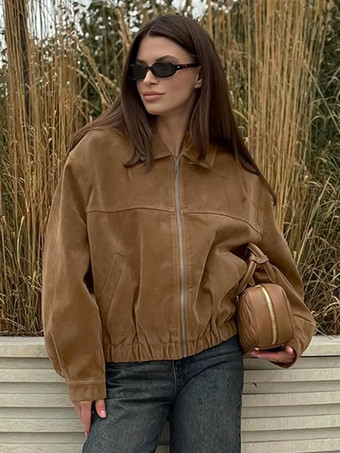 キャメルフェイクスエードレディースボンバージャケット - レトロジップアップ、伸縮性裾、リラックスフィット - 春のデイリーカジュアルストリートウェア 2026