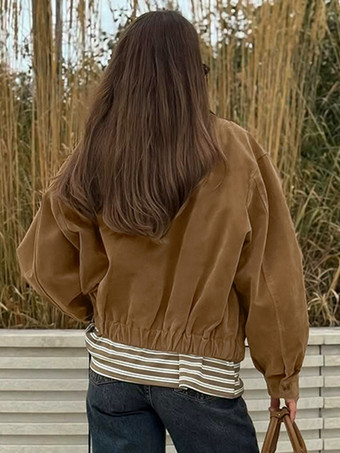 キャメルフェイクスエードレディースボンバージャケット - レトロジップアップ、伸縮性裾、リラックスフィット - 春のデイリーカジュアルストリートウェア 2026