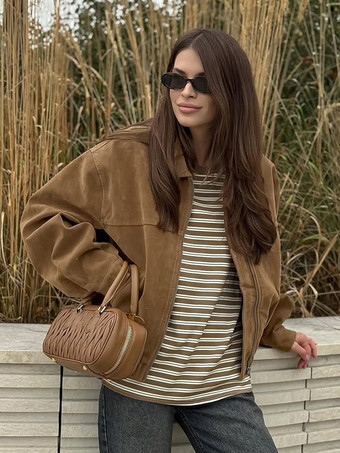 キャメルフェイクスエードレディースボンバージャケット - レトロジップアップ、伸縮性裾、リラックスフィット - 春のデイリーカジュアルストリートウェア 2026