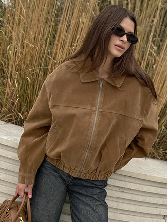 キャメルフェイクスエードレディースボンバージャケット - レトロジップアップ、伸縮性裾、リラックスフィット - 春のデイリーカジュアルストリートウェア 2026