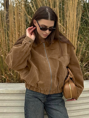 キャメルフェイクスエードレディースボンバージャケット - レトロジップアップ、伸縮性裾、リラックスフィット - 春のデイリーカジュアルストリートウェア 2026