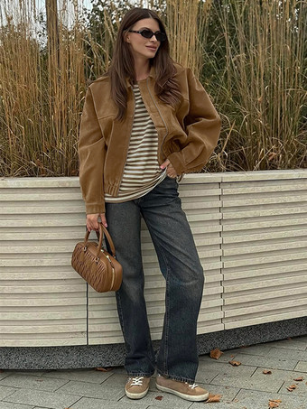 キャメルフェイクスエードレディースボンバージャケット - レトロジップアップ、伸縮性裾、リラックスフィット - 春のデイリーカジュアルストリートウェア 2026