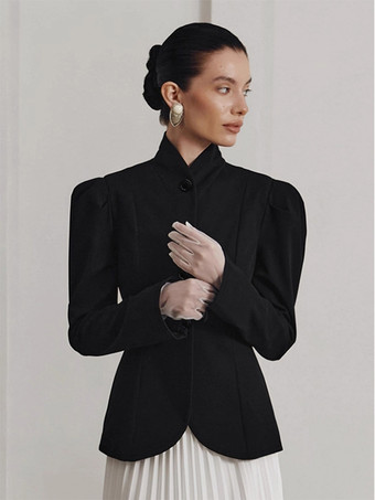 ブラック ヴィンテージ風ペプラムブレザー（レディース） - パフスリーブ、スタンドカラー、スリムフィットジャケット - シックな春のパーティアウター 2026