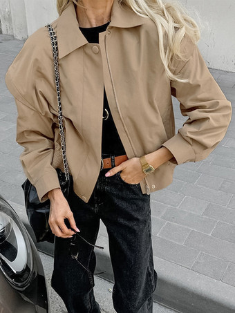 カーキ色の軽量レディースボンバージャケット - ミニマルな襟付きジップアップアウター - 静かなラグジュアリーな春のカジュアルストリートウェア 2026