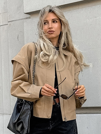 カーキ色の軽量レディースボンバージャケット - ミニマルな襟付きジップアップアウター - 静かなラグジュアリーな春のカジュアルストリートウェア 2026