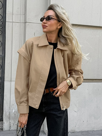 カーキ カーキ色の軽量レディースボンバージャケット - ミニマルな襟付きジップアップアウター - 静かなラグジュアリーな春のカジュアルストリートウェア 2026