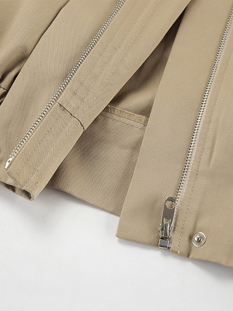 カーキ色の軽量レディースボンバージャケット - ミニマルな襟付きジップアップアウター - 静かなラグジュアリーな春のカジュアルストリートウェア 2026