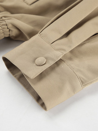 カーキ色の軽量レディースボンバージャケット - ミニマルな襟付きジップアップアウター - 静かなラグジュアリーな春のカジュアルストリートウェア 2026