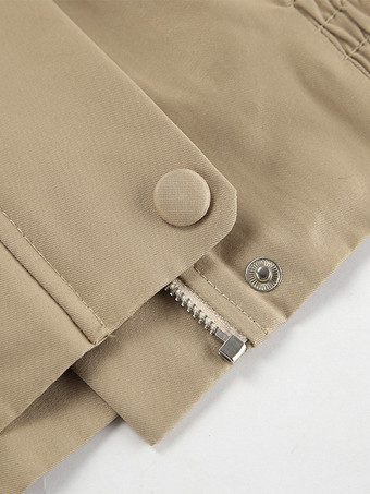 カーキ色の軽量レディースボンバージャケット - ミニマルな襟付きジップアップアウター - 静かなラグジュアリーな春のカジュアルストリートウェア 2026