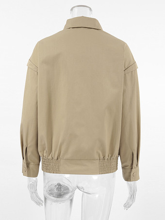 カーキ色の軽量レディースボンバージャケット - ミニマルな襟付きジップアップアウター - 静かなラグジュアリーな春のカジュアルストリートウェア 2026